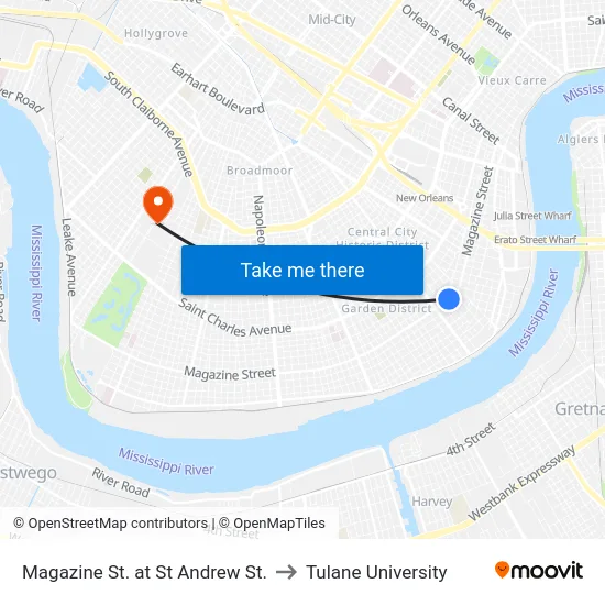 Magazine St. at St Andrew St. to Tulane University map