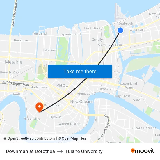 Downman at Dorothea to Tulane University map