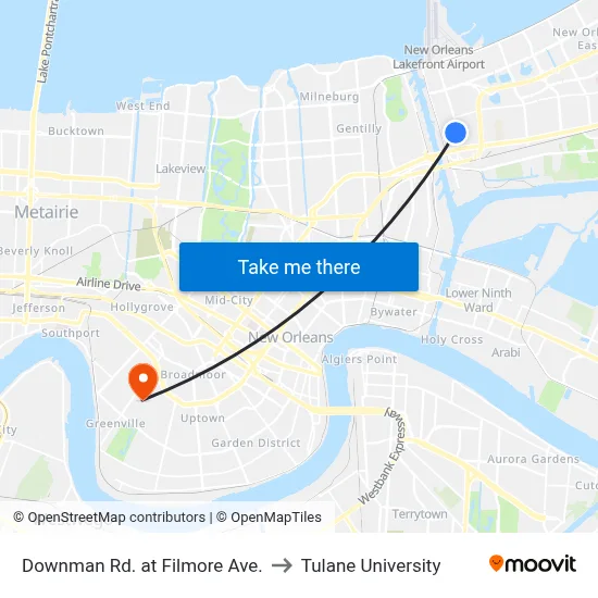 Downman Rd. at Filmore Ave. to Tulane University map
