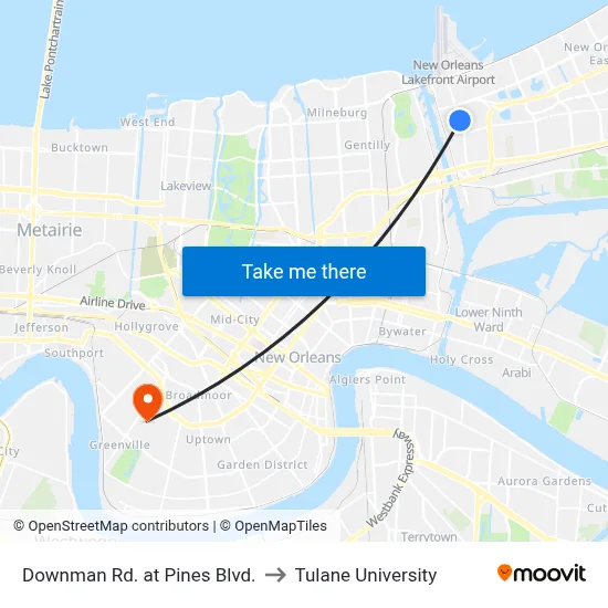 Downman Rd. at Pines Blvd. to Tulane University map