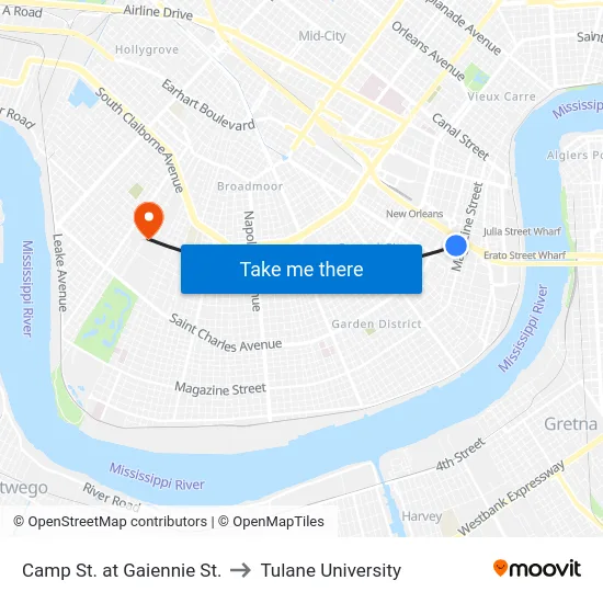 Camp St. at Gaiennie St. to Tulane University map