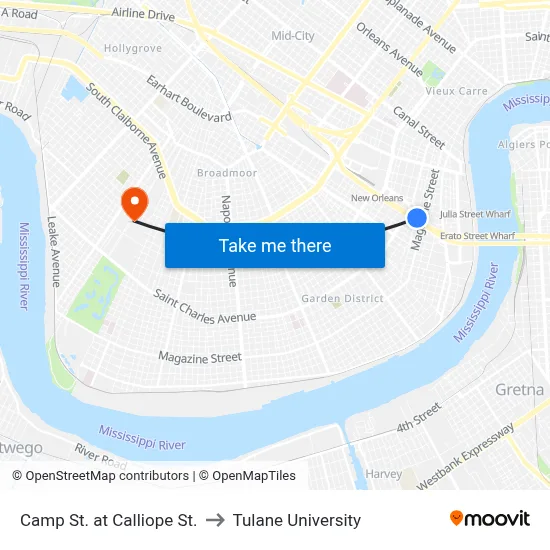 Camp St. at Calliope St. to Tulane University map
