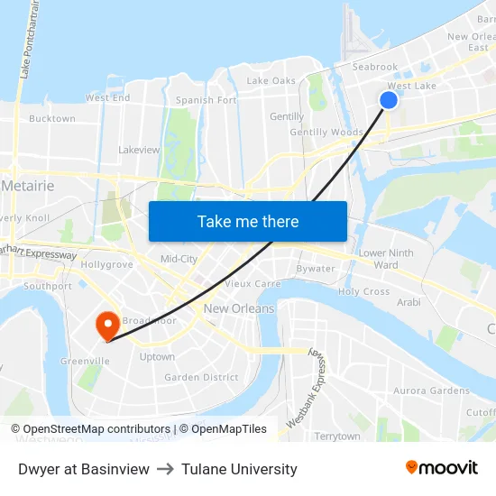 Dwyer at Basinview to Tulane University map