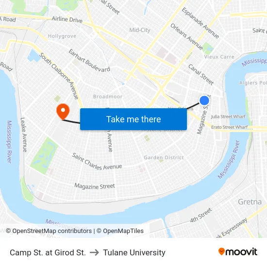 Camp St. at Girod St. to Tulane University map