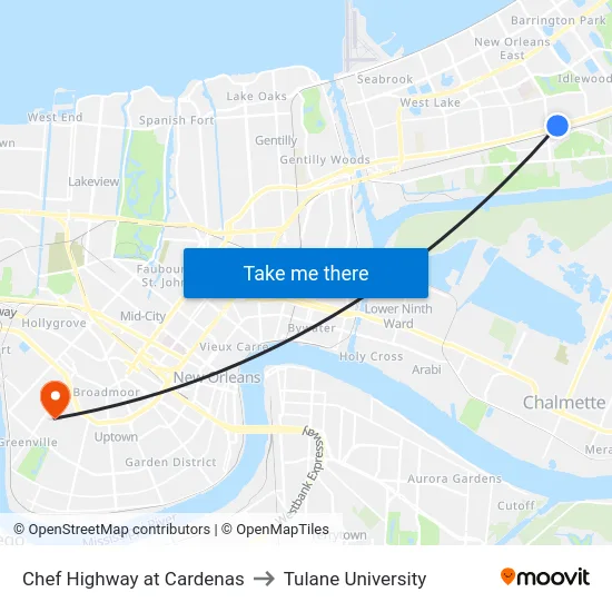 Chef Highway at Cardenas to Tulane University map