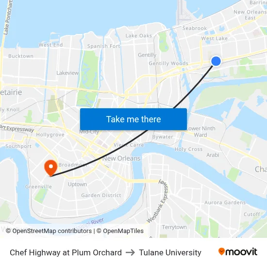 Chef Highway at Plum Orchard to Tulane University map
