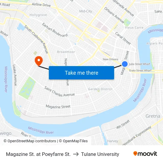 Magazine St. at Poeyfarre St. to Tulane University map