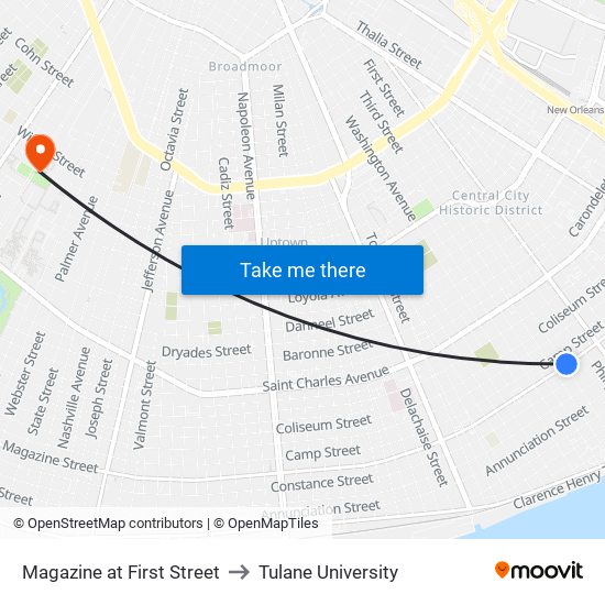 Magazine at First Street to Tulane University map