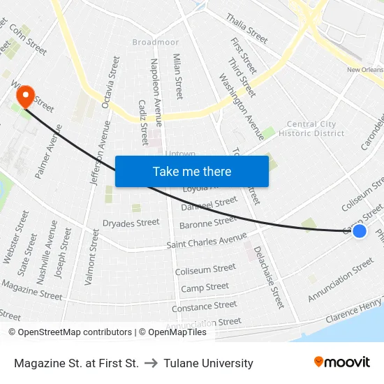 Magazine St. at First St. to Tulane University map