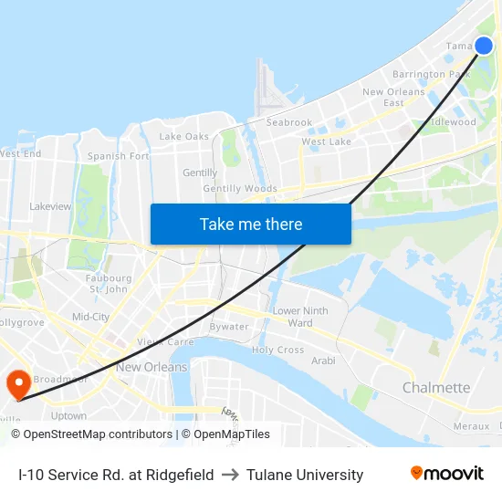 I-10 Service Rd. at Ridgefield to Tulane University map