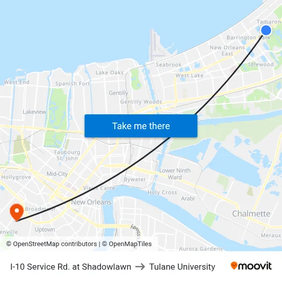 I-10 Service Rd. at Shadowlawn to Tulane University map