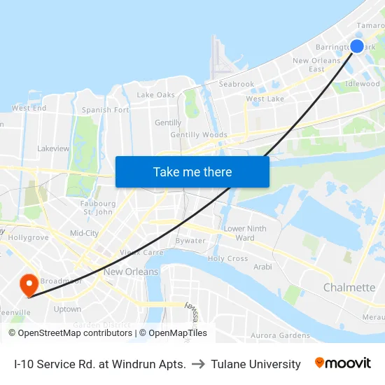 I-10 Service Rd. at Windrun Apts. to Tulane University map