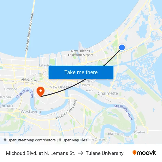 Michoud Blvd. at N. Lemans St. to Tulane University map
