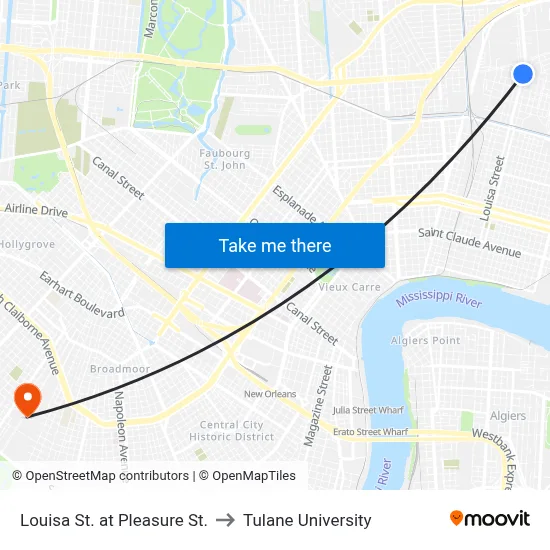 Louisa St. at Pleasure St. to Tulane University map