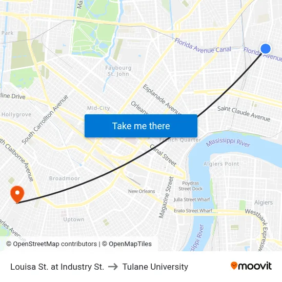 Louisa St. at Industry St. to Tulane University map