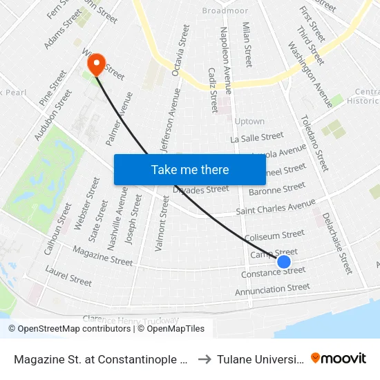 Magazine St. at Constantinople St. to Tulane University map