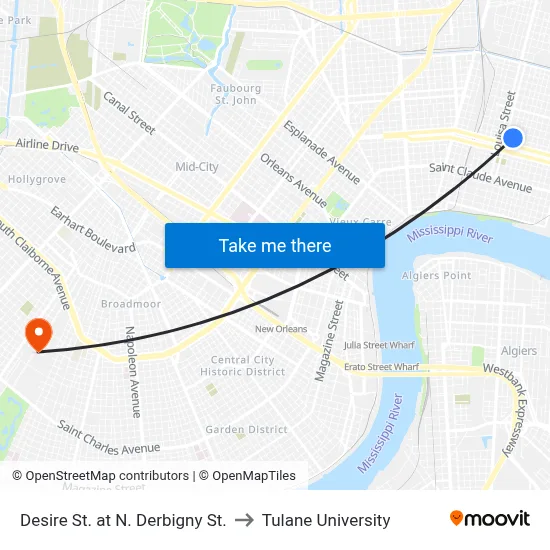 Desire St. at N. Derbigny St. to Tulane University map