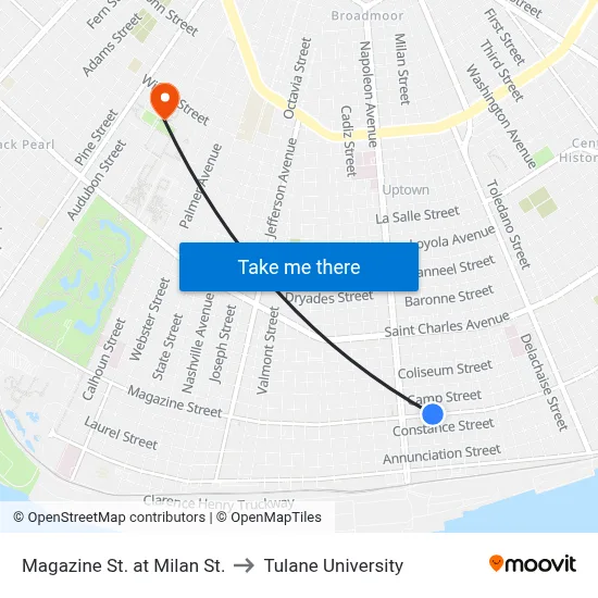 Magazine St. at Milan St. to Tulane University map