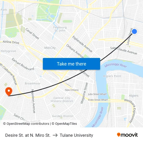 Desire St. at N. Miro St. to Tulane University map