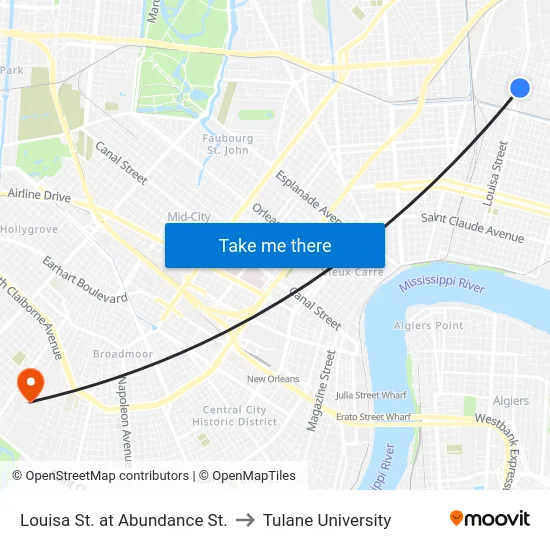 Louisa St. at Abundance St. to Tulane University map