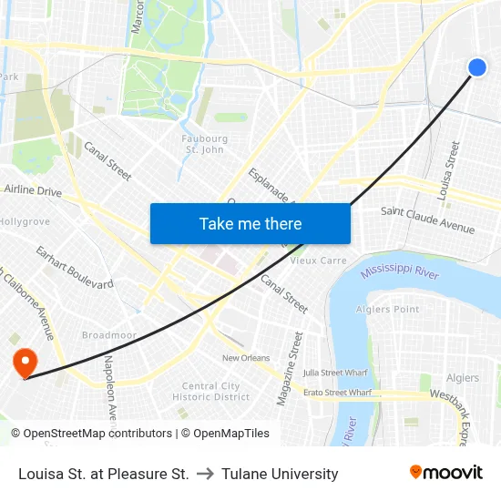 Louisa St. at Pleasure St. to Tulane University map