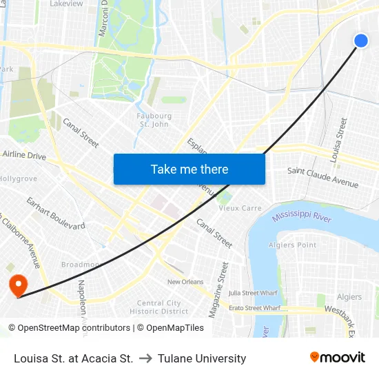 Louisa St. at Acacia St. to Tulane University map