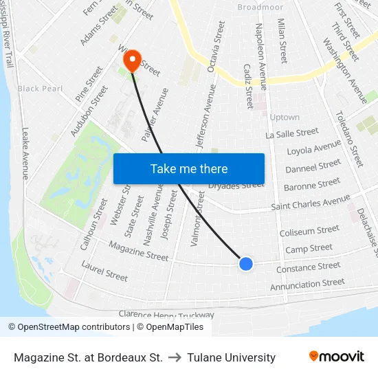 Magazine St. at Bordeaux St. to Tulane University map