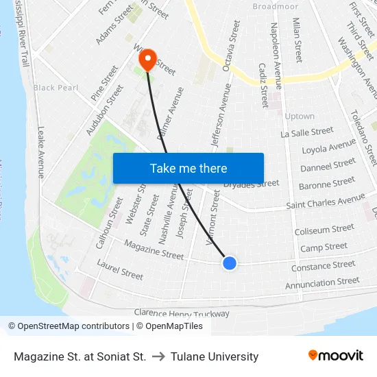 Magazine St. at Soniat St. to Tulane University map