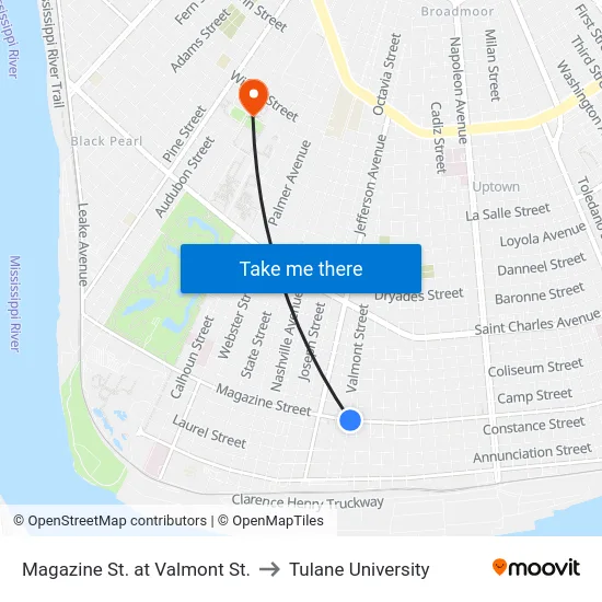 Magazine St. at Valmont St. to Tulane University map