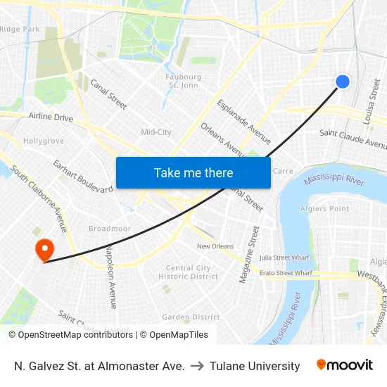 N. Galvez St. at Almonaster Ave. to Tulane University map