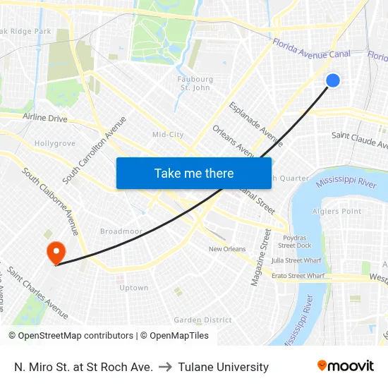 N. Miro St. at St Roch Ave. to Tulane University map