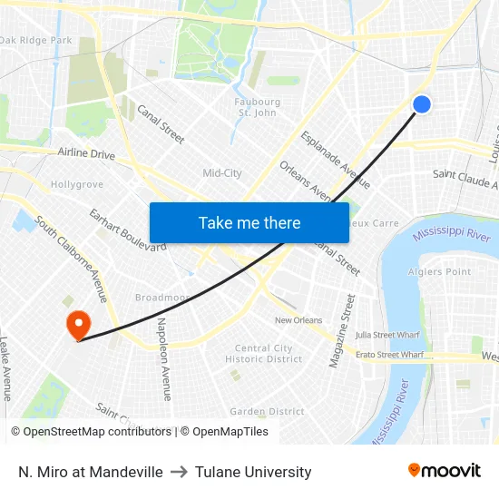N. Miro at Mandeville to Tulane University map