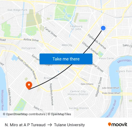 N. Miro at A P Tureaud to Tulane University map