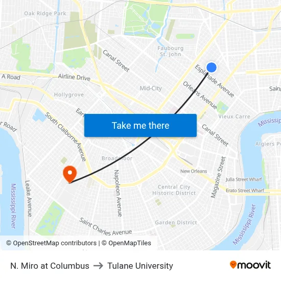 N. Miro at Columbus to Tulane University map