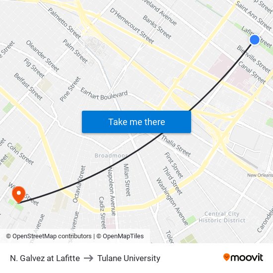 N. Galvez at Lafitte to Tulane University map