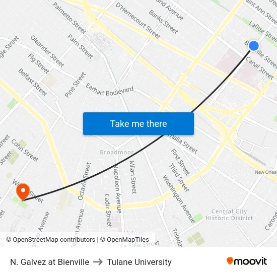 N. Galvez at Bienville to Tulane University map
