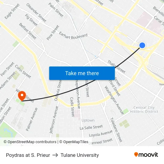 Poydras at S. Prieur to Tulane University map