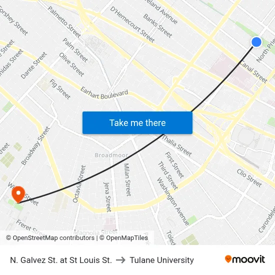 N. Galvez St. at St Louis St. to Tulane University map