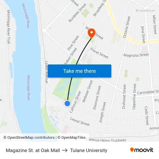 Magazine St. at Oak Mall to Tulane University map