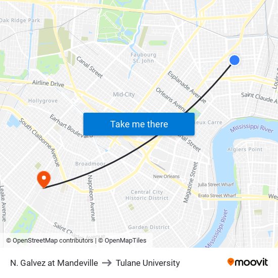 N. Galvez at Mandeville to Tulane University map