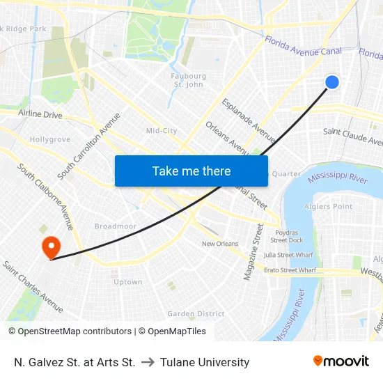 N. Galvez St. at Arts St. to Tulane University map