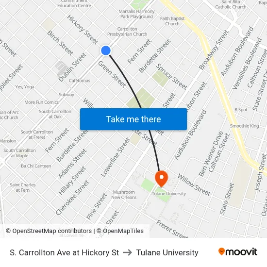 S. Carrollton Ave at Hickory St to Tulane University map