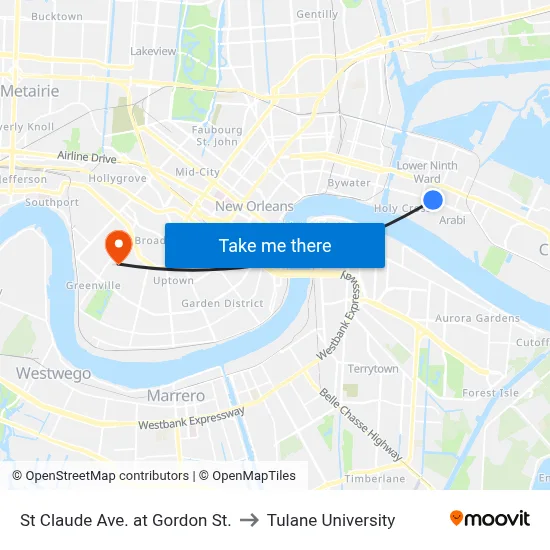 St Claude Ave. at Gordon St. to Tulane University map