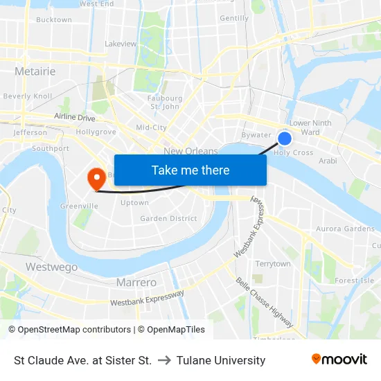 St Claude Ave. at Sister St. to Tulane University map