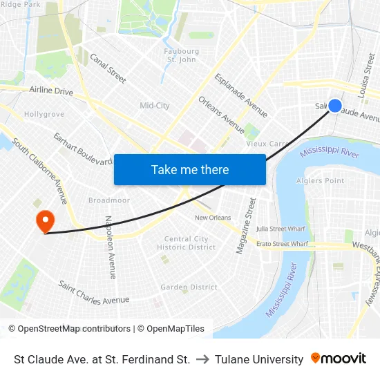 St Claude Ave. at St. Ferdinand St. to Tulane University map