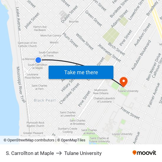 S. Carrollton at Maple to Tulane University map