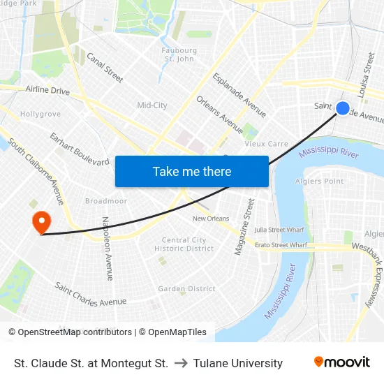 St. Claude St. at Montegut St. to Tulane University map