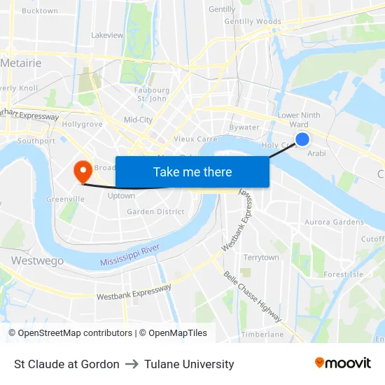 St Claude at Gordon to Tulane University map