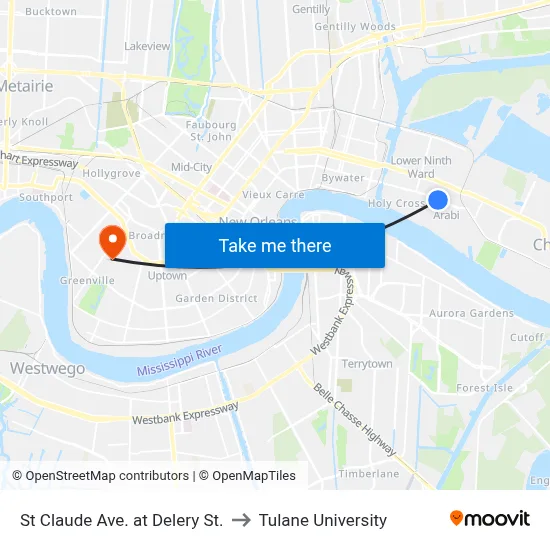 St Claude Ave. at Delery St. to Tulane University map