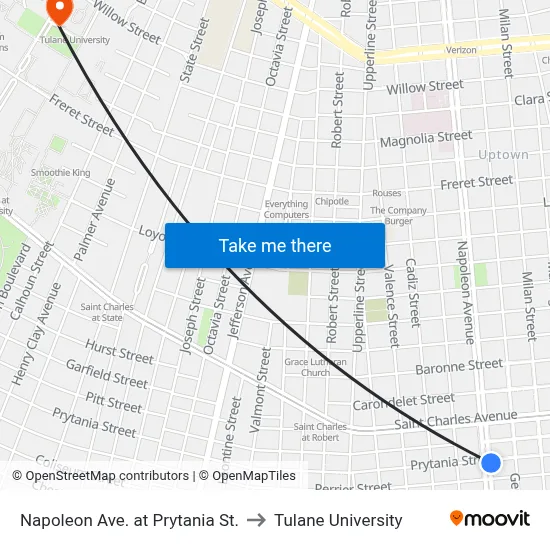 Napoleon Ave. at Prytania St. to Tulane University map